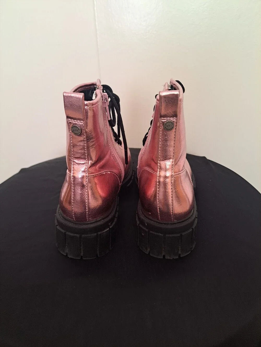Metallic Pink Lace-Up Combat Boots with Chunky Black Sole